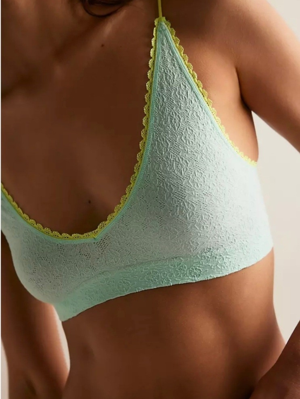 Free People Mint Bralette with Lace Yellow Trim